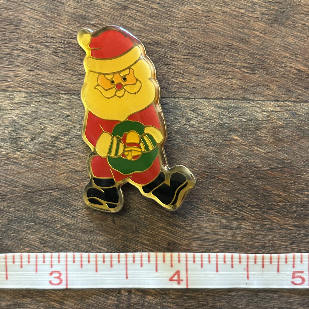 Santa Claus Holding Wreath Enamel Pin Brooch Gold Tone